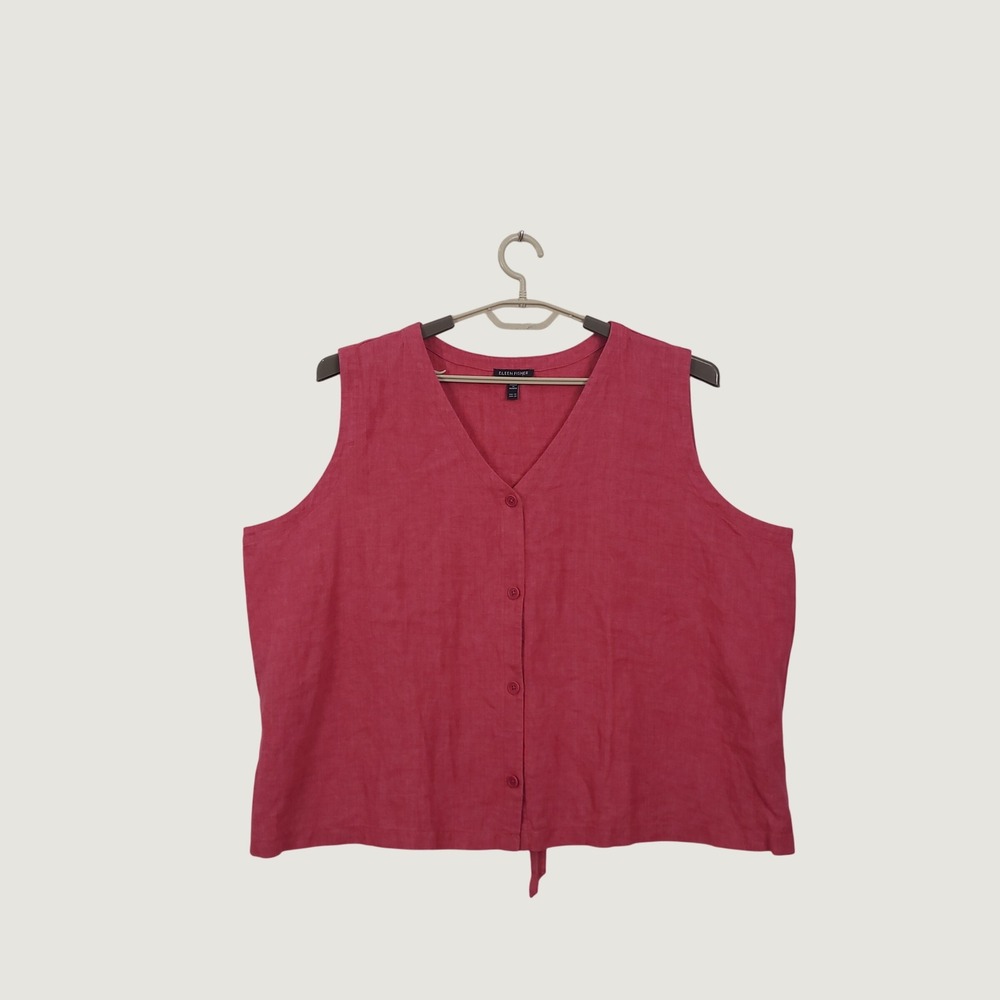 Eileen Fisher Organic Linen Vest 2X Button Up Tie Back Minimalist Relaxed Preppy